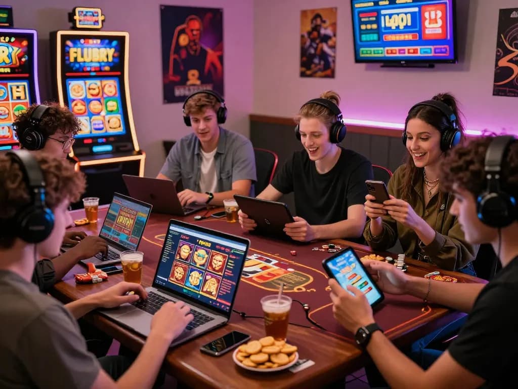 Excited players enjoying 789club tải on various devices in a lively, tech-filled environment.