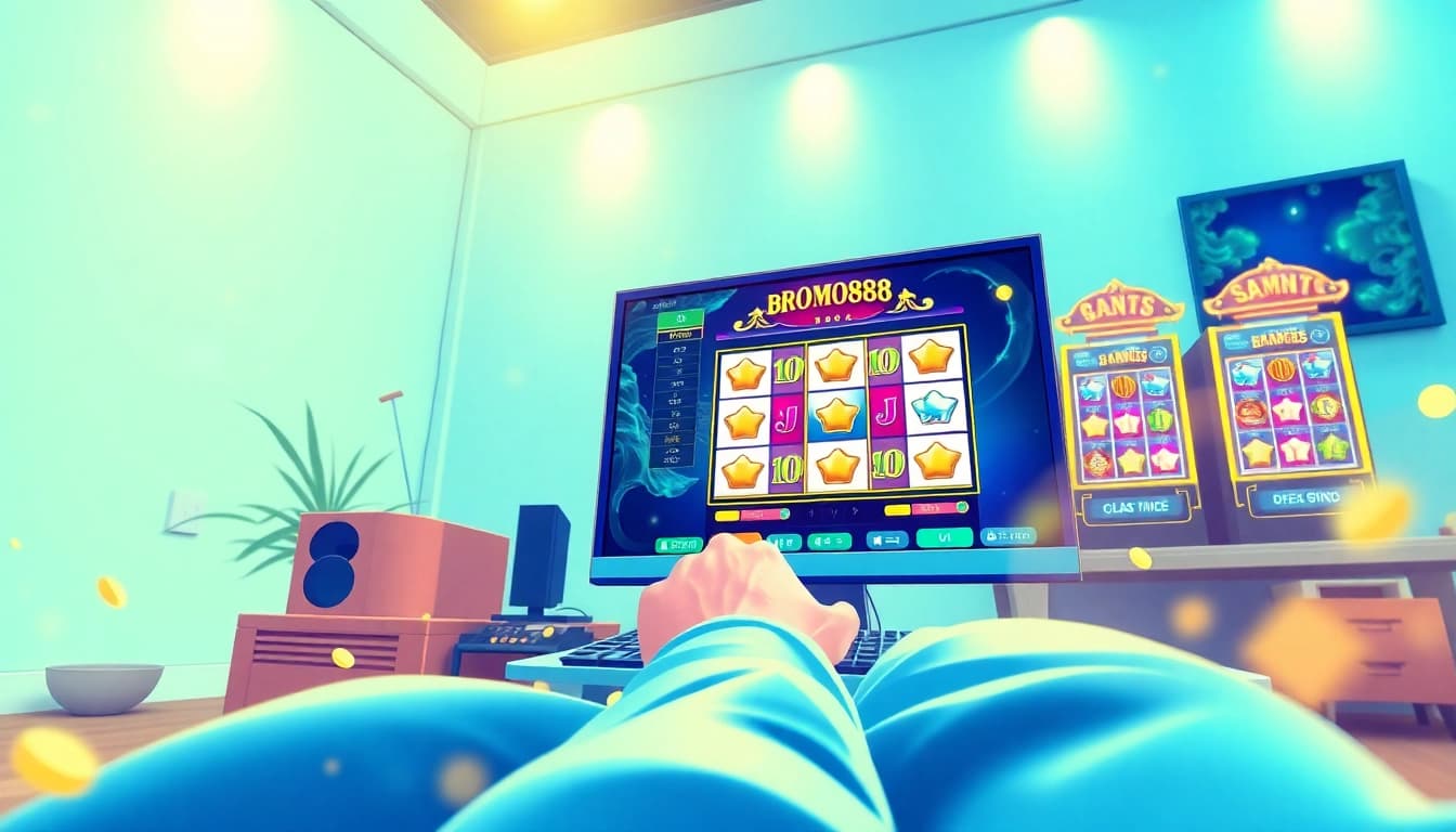 BROMO888 online gaming interface illustration with vibrant colors and slot graphics.