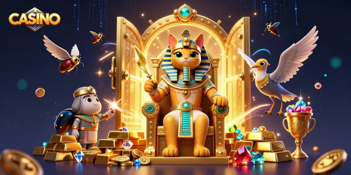 Experience the allure of the CASINO with a vibrant pharaoh cat surrounded by treasure and neon lights.