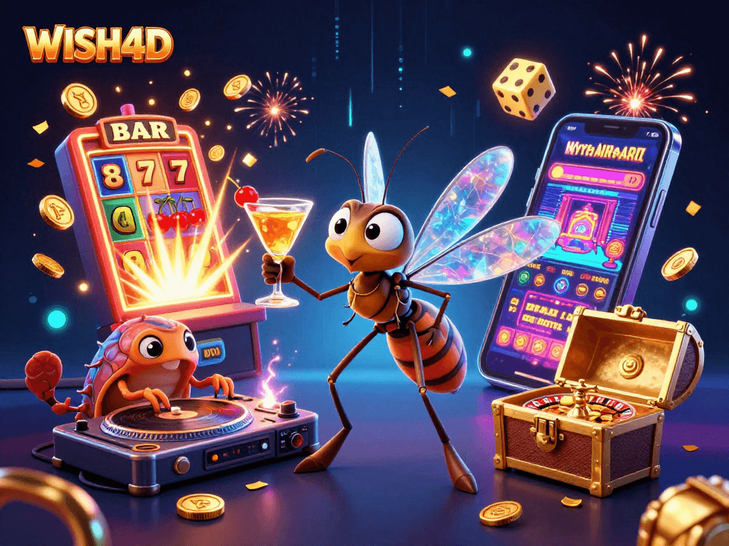 Experience WISH4D's vibrant casino atmosphere with dynamic characters and thrilling game elements in a colorful scene.