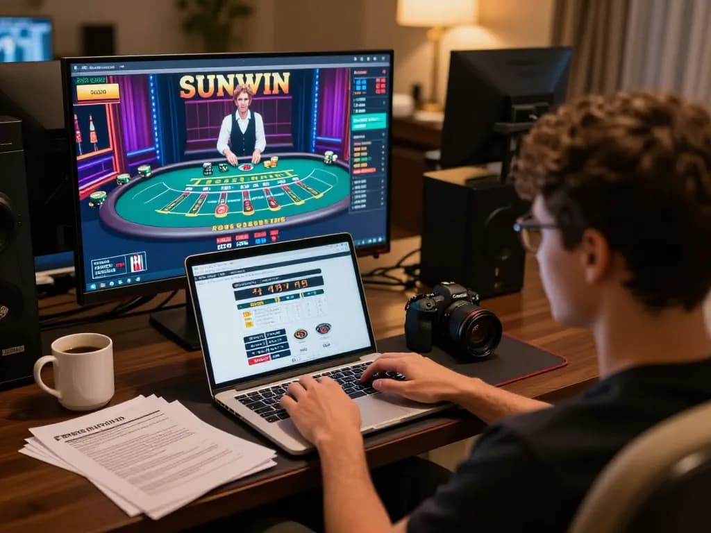 SUNWIN online gaming experience at home with user engaged in blackjack gameplay.