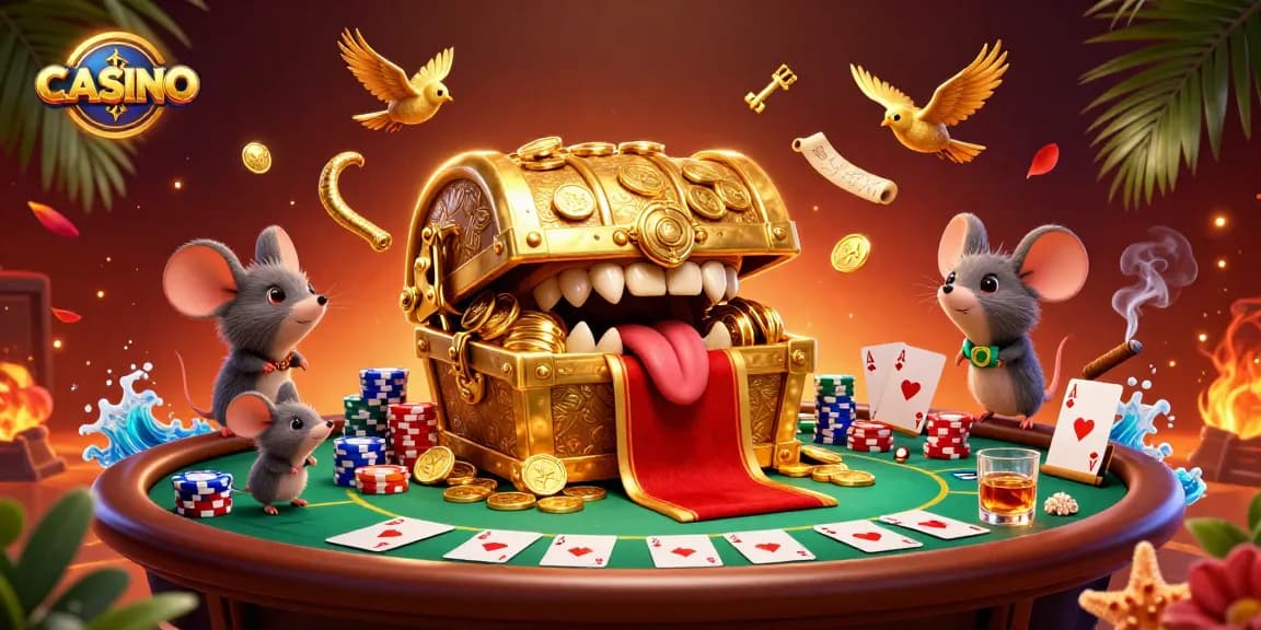 Engage in a vibrant CASINO atmosphere, featuring a treasure chest and poker elements attracting adventurers.