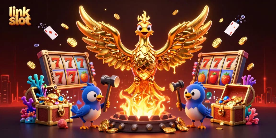 Experience thrilling action with link slot, featuring a golden phoenix amidst vibrant slot reels and jackpot counters.