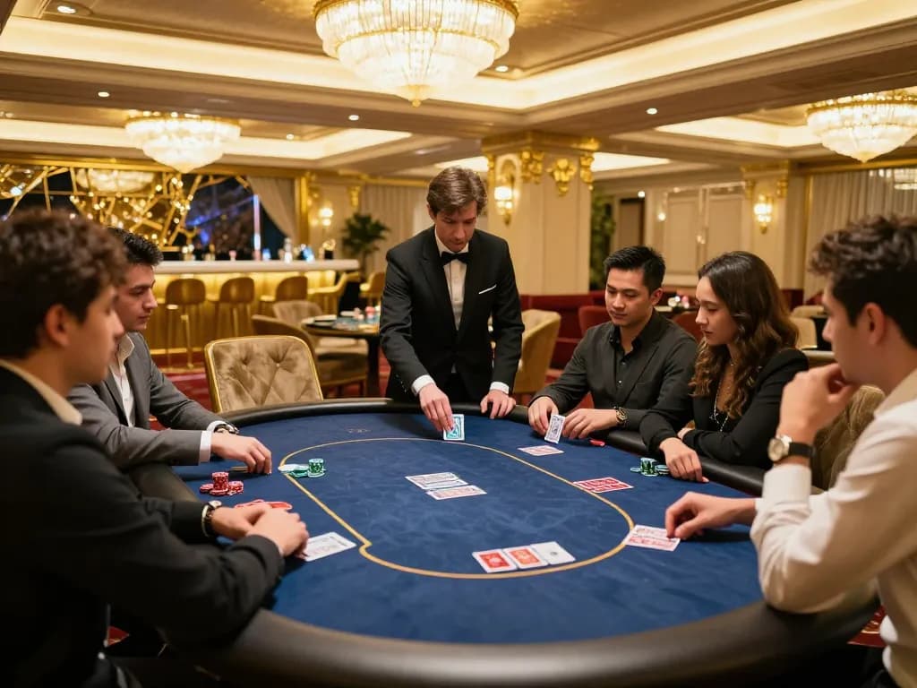Players engaged in strategic poker gameplay at a VIP table featuring TT88 luxury decor and warm ambiance
