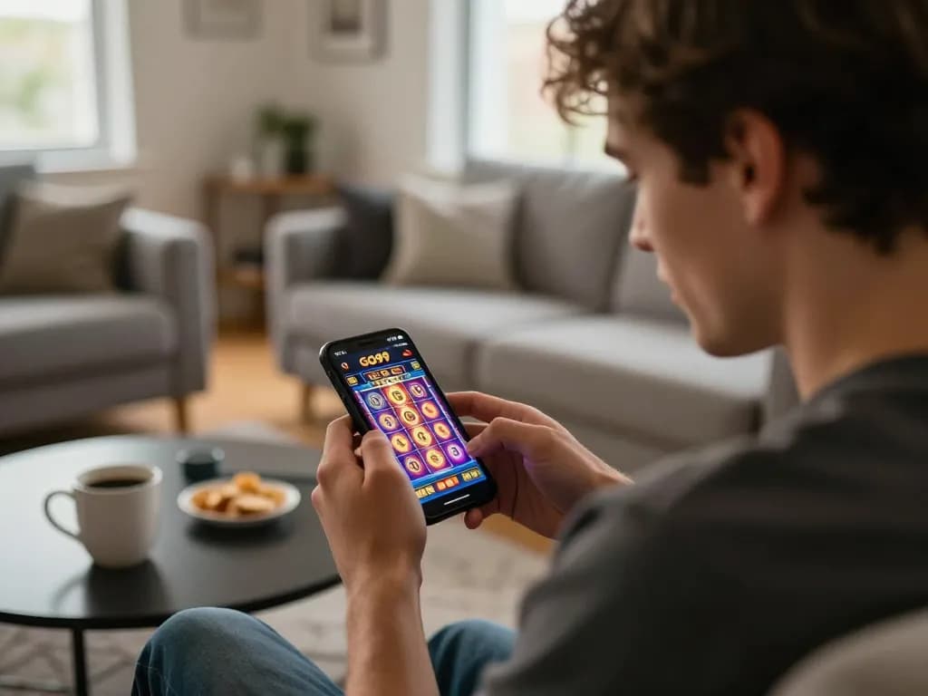 Player engaged on GO99 casino app with vibrant slot game in cozy living room, emphasizing excitement and engagement.