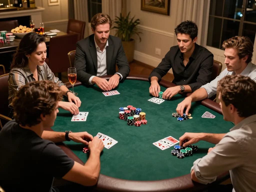 rokok88 players enjoying a high-stakes poker game in a luxurious setting with chips and cards visible