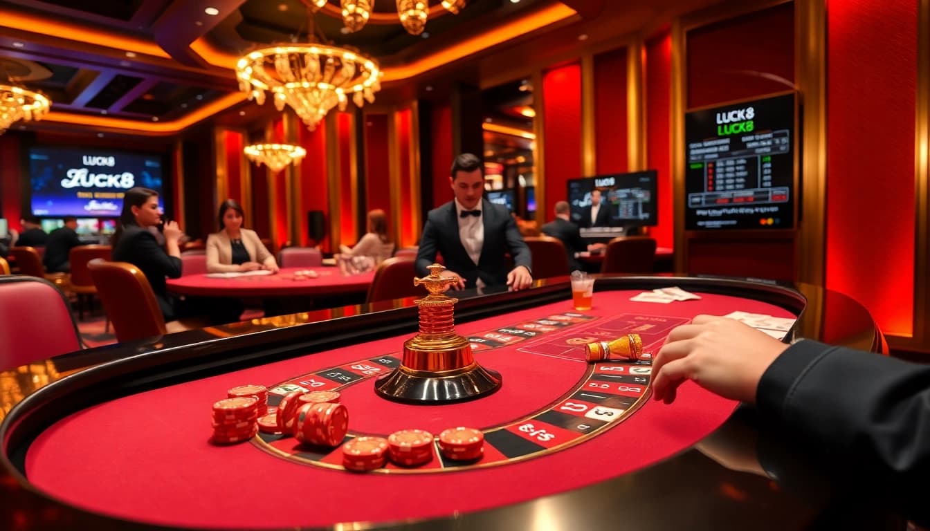 LUCK8 players enjoying a high-stakes roulette game in a lively casino environment.