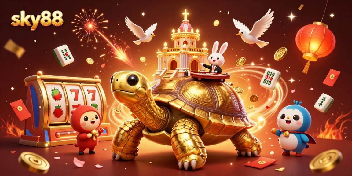 Experience thrilling games with sky88 as a giant tortoise casino entertains players with vibrant elements.