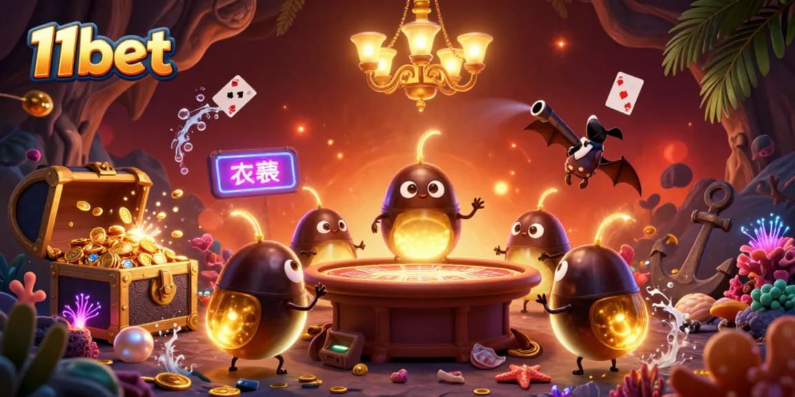 Engage with 11bet in a vibrant casino scene animated by glowing glowworms illuminating games and treasures.