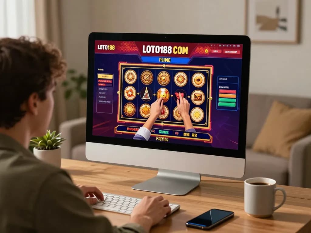 Engaging player exploring LOTO188 COM slots in a cozy home gaming setup.