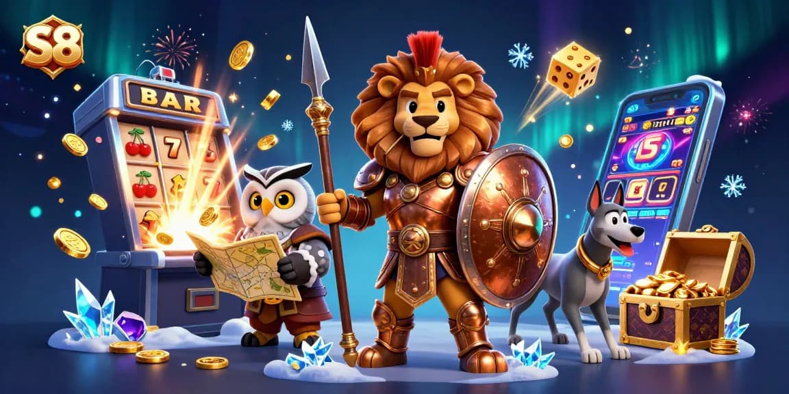 S8 players engage with dynamic slot machines and golden rewards in an exciting casino scene