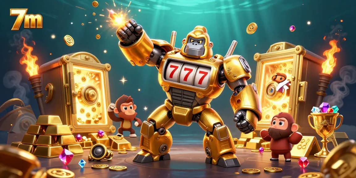 Experience the excitement of 7m with a dynamic 3D illustration of a gambling-themed gorilla mech, bursting with coins.