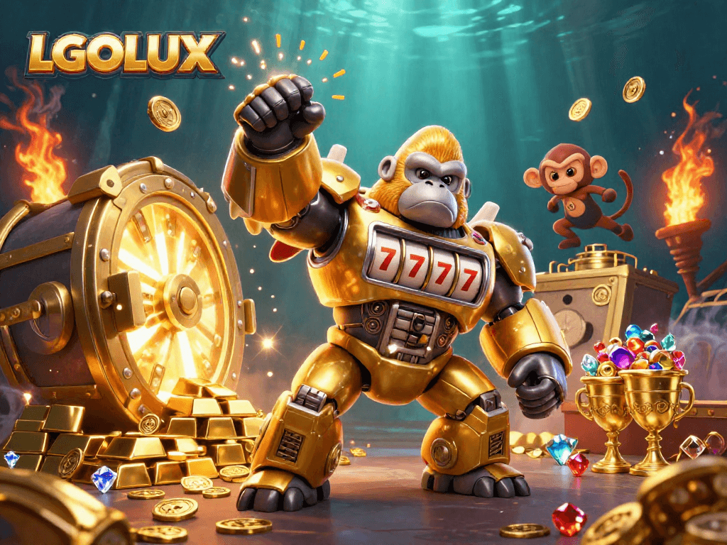 Experience the thrill at LGOLUX with a golden gorilla mech, jackpot symbols, and treasure!