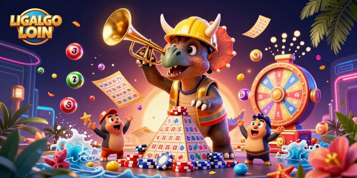 Join the excitement with LIGALGO LOGIN and cheer as triceratops builds poker chip pyramid in a vibrant casino scene.