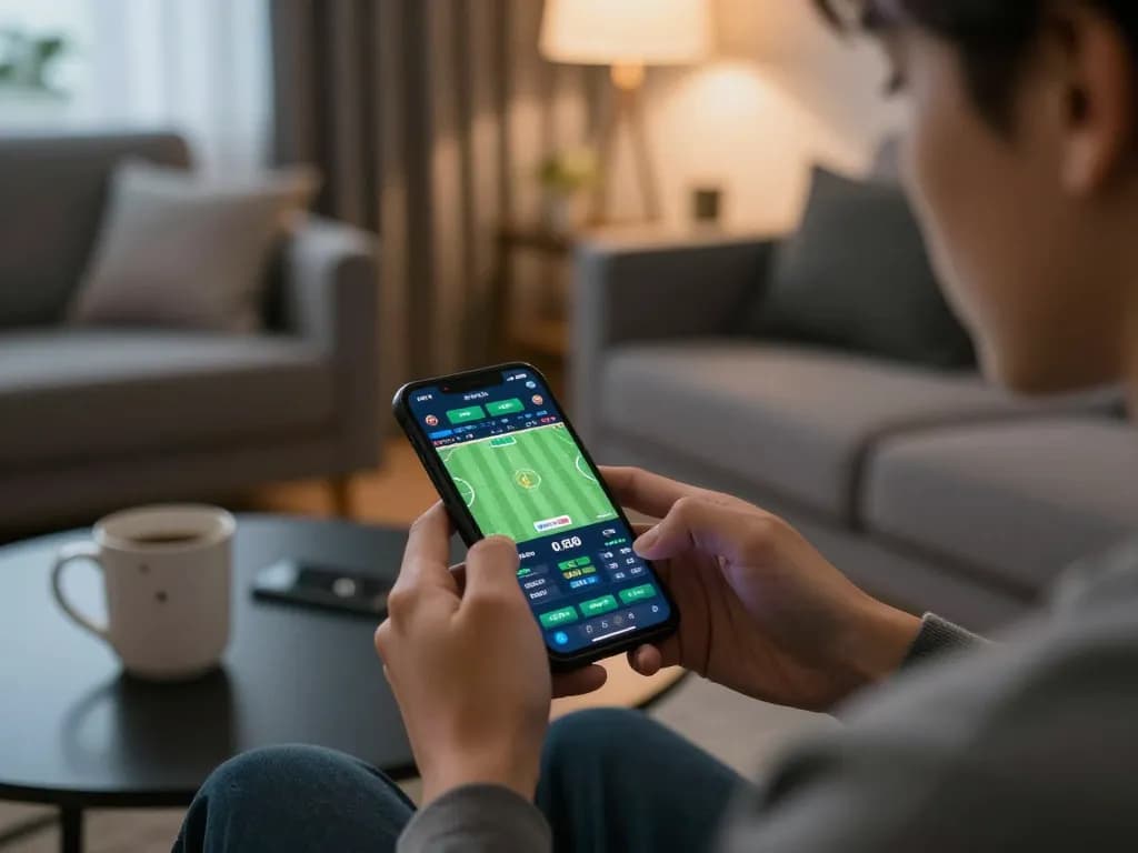 Xoilac user placing bets on a smartphone showing live sports odds in a cozy home setting