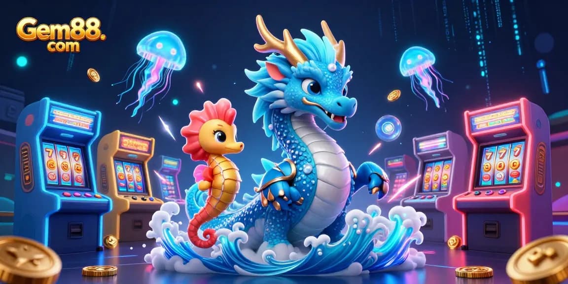 Experience excitement at Gem88. com with a dynamic 3D casino illustration showcasing vibrant gaming elements.