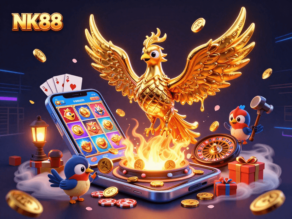 Engage with the thrilling slot journey at NK88 featuring a majestic golden phoenix and vibrant game elements.