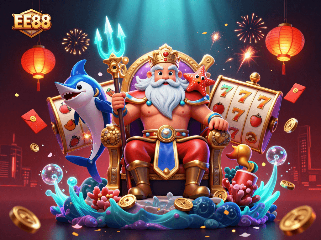 Experience the thrill of EE88 with vibrant casino action amidst sea characters and festive elements.