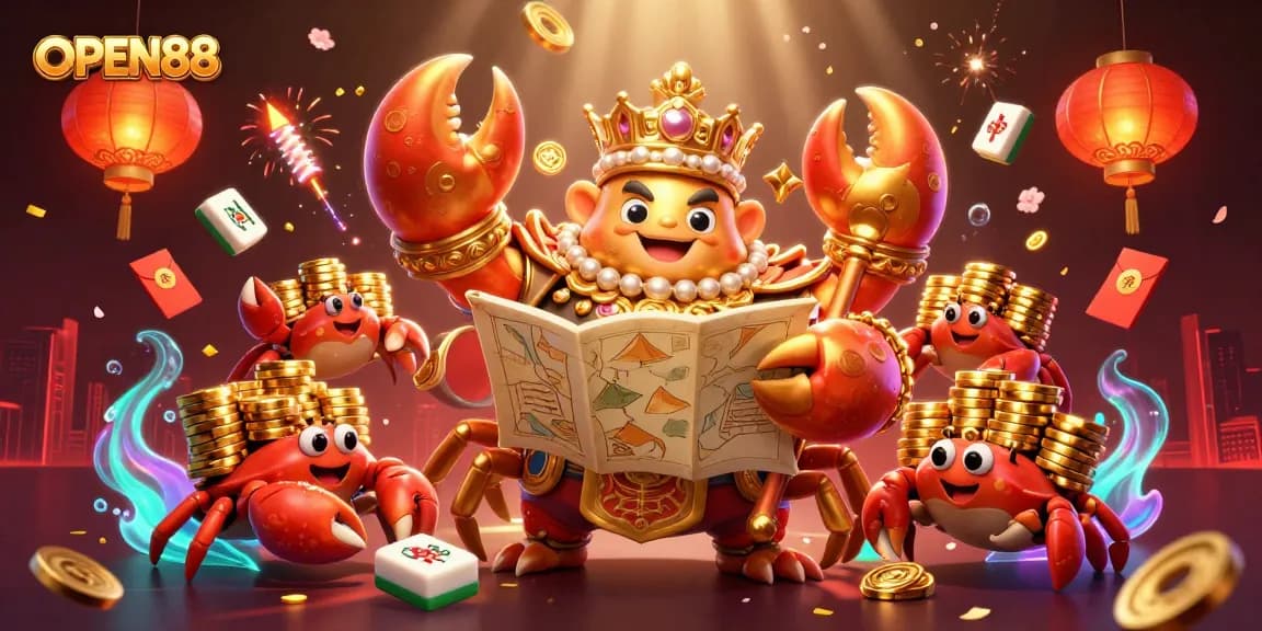 Engage with the dynamic world of OPEN88 featuring a golden crab emperor amidst vibrant casino elements.