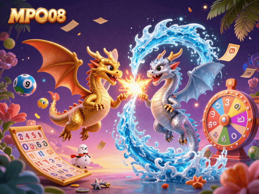 MPO08 showcases twin 3D cartoon dragons unleashing fire and ice in a vibrant casino atmosphere enhanced by lottery elements.