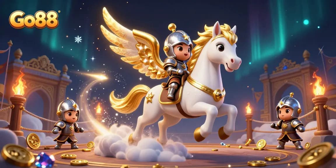 Experience the thrill of Go88 with an enchanting scene of a celestial horse and knight amidst a vibrant casino atmosphere.