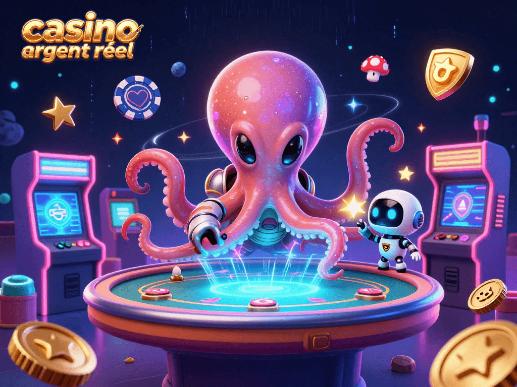 Jouez à des jeux de casino en ligne argent réel avec un octopus extraterrestre dans une scène ludique.