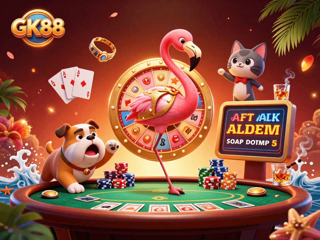 Experience the excitement of GK88 with a vibrant 3D carnival scene featuring a game show host, bulldog contestant, and dynamic betting action.