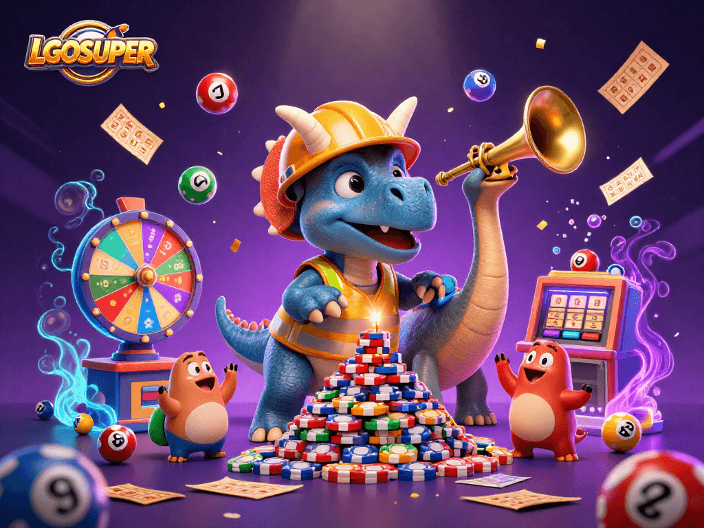 Experience excitement at LGOSUPER with a vibrant casino scene featuring a triceratops creating poker chips.