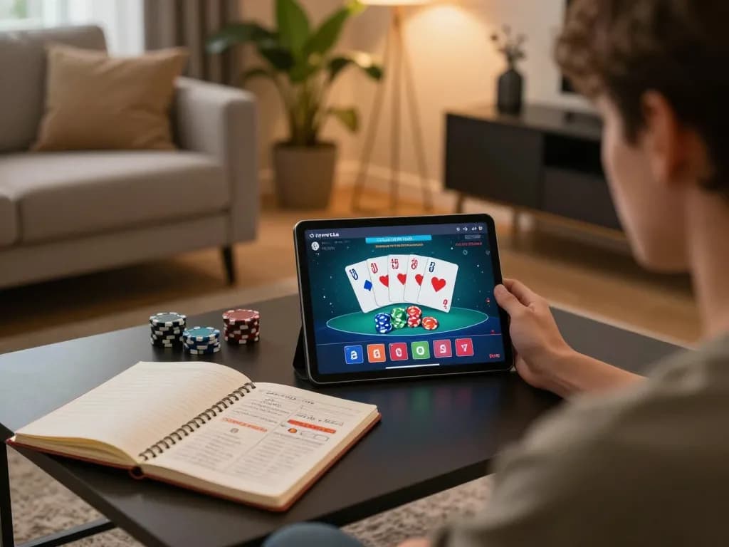 Engaging in an online game at luckywin club with poker cards displayed on a tablet, cozy home setting.