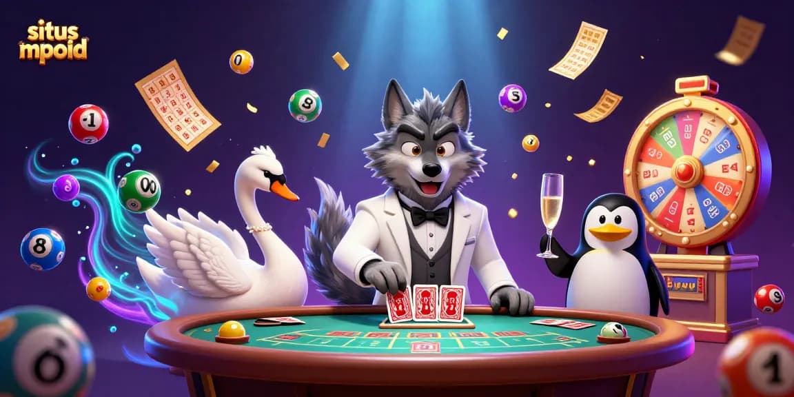 Situs mpoid experience thrilling casino action with a debonair wolf, elegant swan, and sophisticated penguin in a vibrant 3D scene.