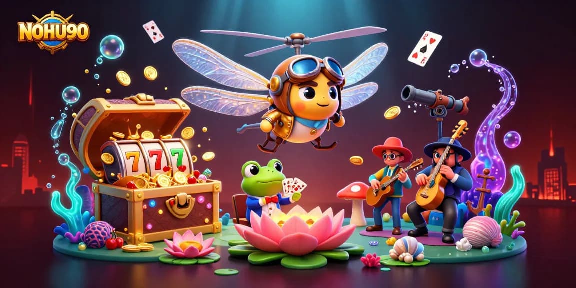 Engage with the vibrant NOHU90 gaming scene featuring dragonflies, cards, and jackpot rewards.