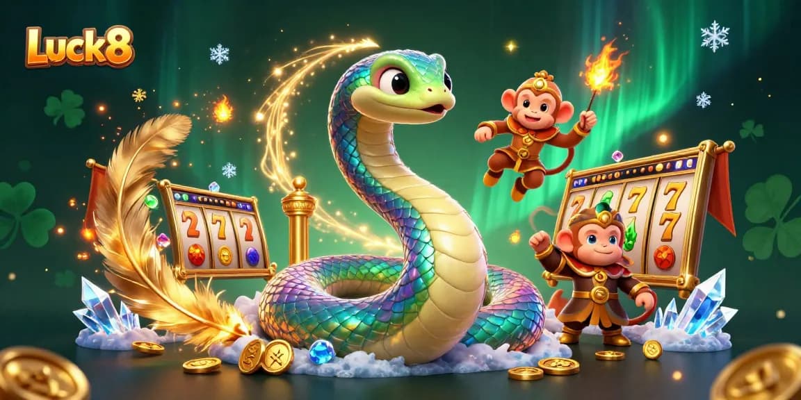 Engage with Luck8 in this vibrant 3D casino illustration featuring a rainbow serpent and golden monkey king surrounded by exciting slots.