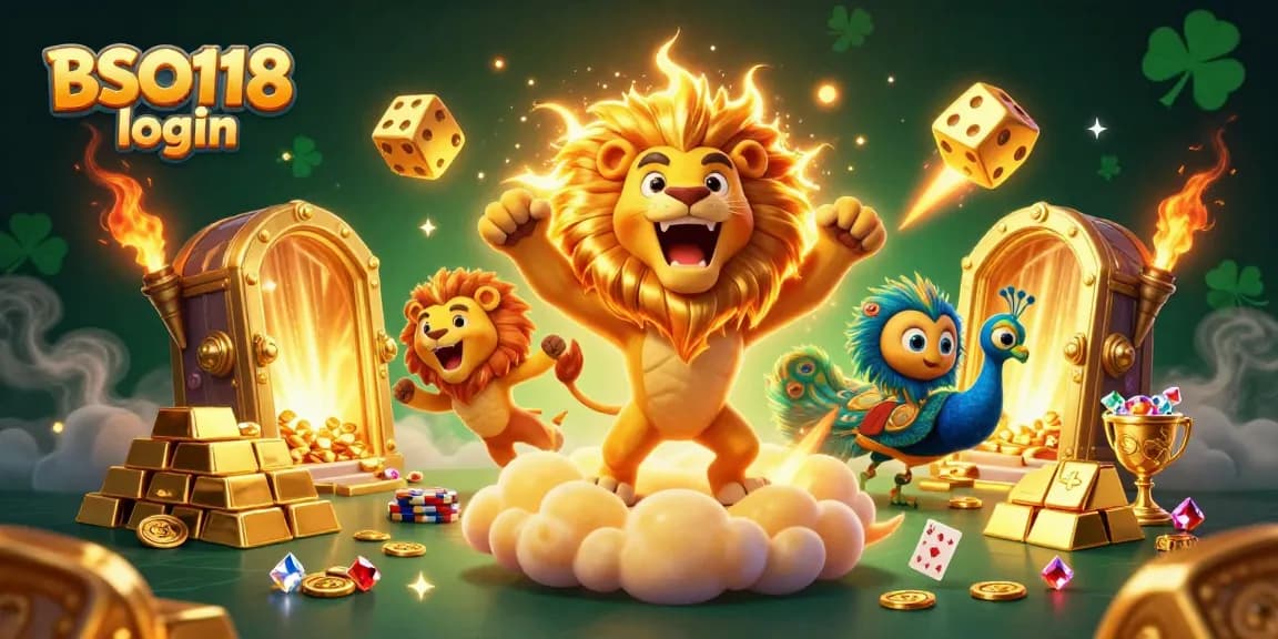 Engage with BSO118 login in a vibrant casino scene featuring a cartoon lion and poker elements.