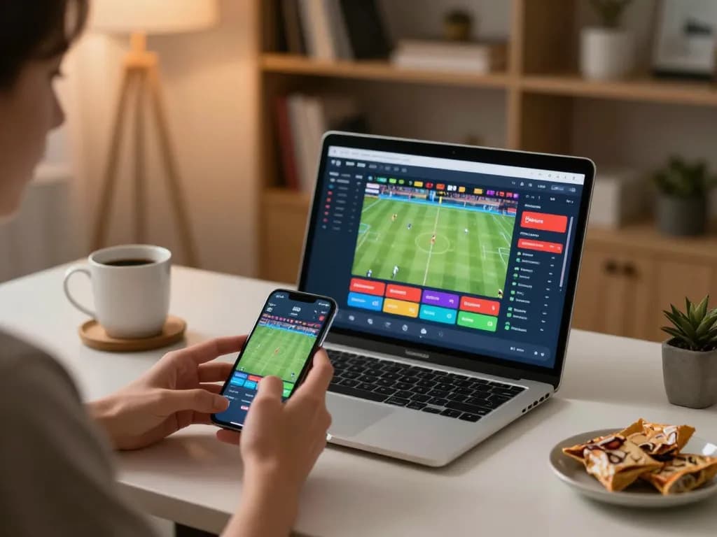 Kèo nhà cái sports betting setup with smartphone showing live odds in a cozy home office
