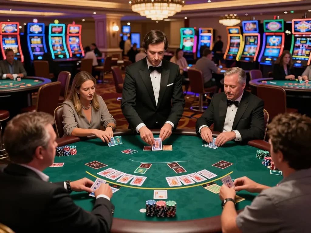 Players engaging in a strategic SC88 blackjack game with vibrant casino ambiance
