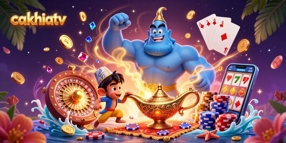 Cakhiatv features a genie bursting from a lamp in a lively casino scene, showcasing dynamic gaming elements.