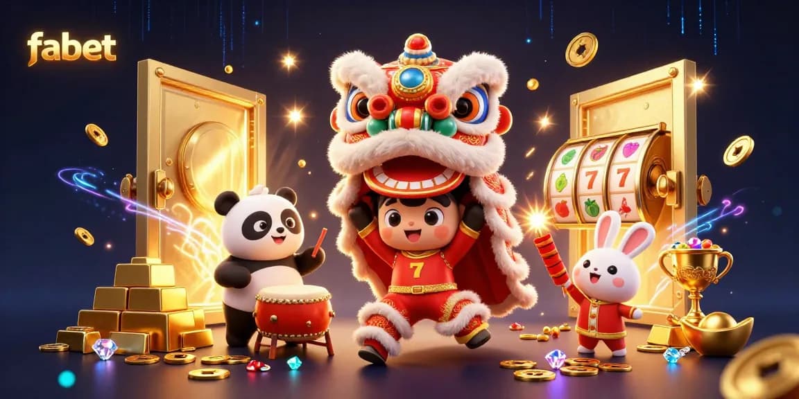 Experience fabet's vibrant lion dance amidst dynamic slot games and riches in this colorful 3D illustration.