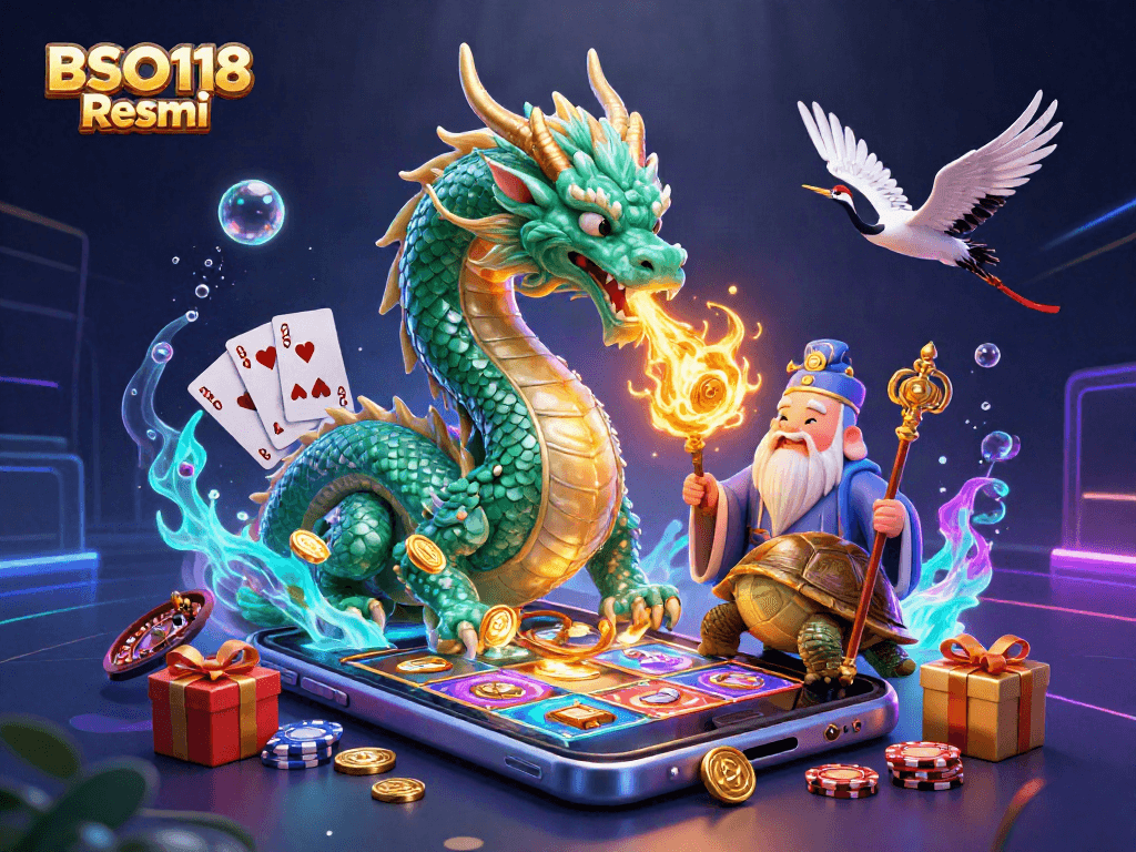 Experience thrilling wins at BSO118 Resmi with a spectacular scene featuring a jade dragon, luck, and casino games.