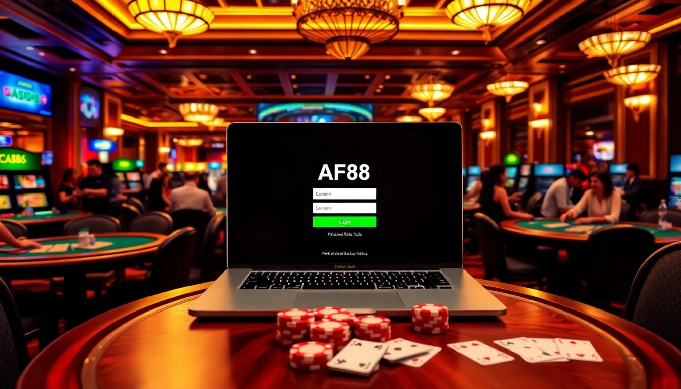 Exciting AF88 đăng nhập experience at a luxurious casino with poker chips and vibrant gaming atmosphere.