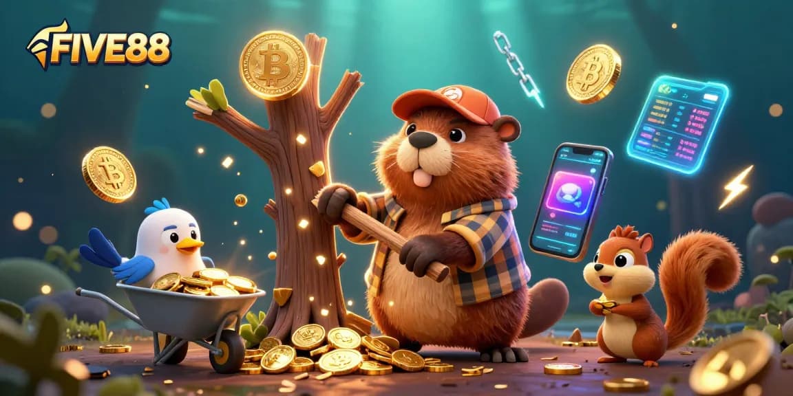 Engage with FIVE88's thrilling casino experience featuring golden coins, 3D characters, and vibrant crypto elements.