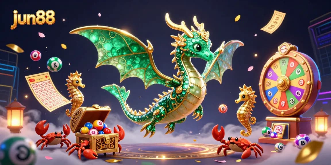 Experience exciting gameplay with jun88's vibrant illustration showcasing colorful gaming elements and a captivating sea dragon.