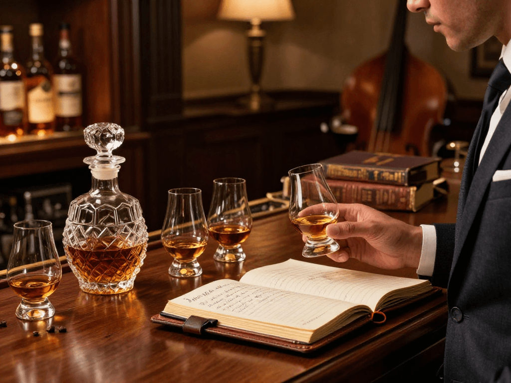 Connoisseur enjoying Blanton's Single Barrel Bourbon in a luxurious home bar with tasting notes and refined ambiance.