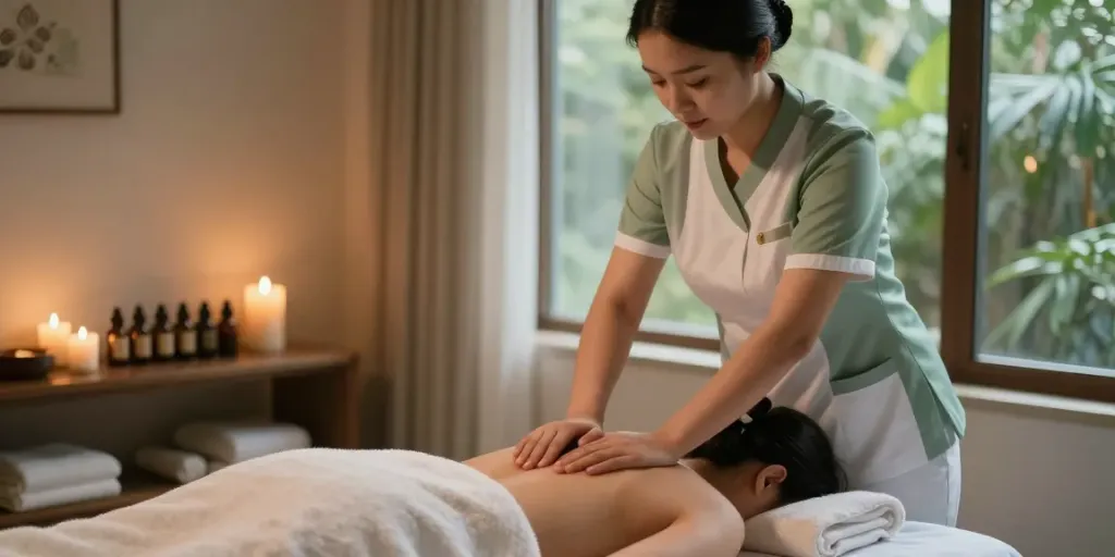 Relaxing 노원출장마사지 session with therapist at a peaceful spa setting, showcasing the calming atmosphere for rejuvenation.