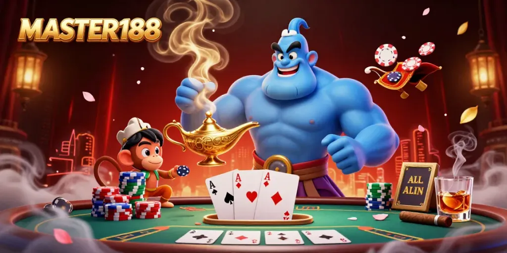 Experience the thrill of gaming at MASTER188 with a fantastical genie unleashing golden poker chips.