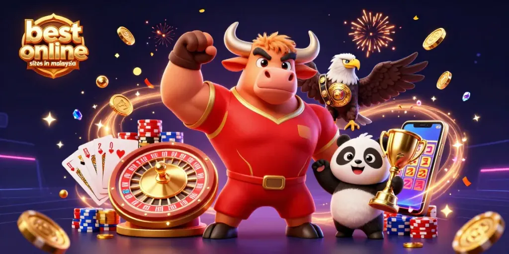 Experience the thrill at the best online casino sites in malaysia with champions like a bull, eagle, and panda celebrating big wins.