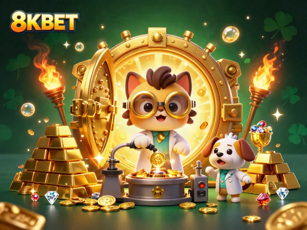 Experience vibrant gold and gems in an exciting 8KBET casino environment with cartoon characters creating wealth.