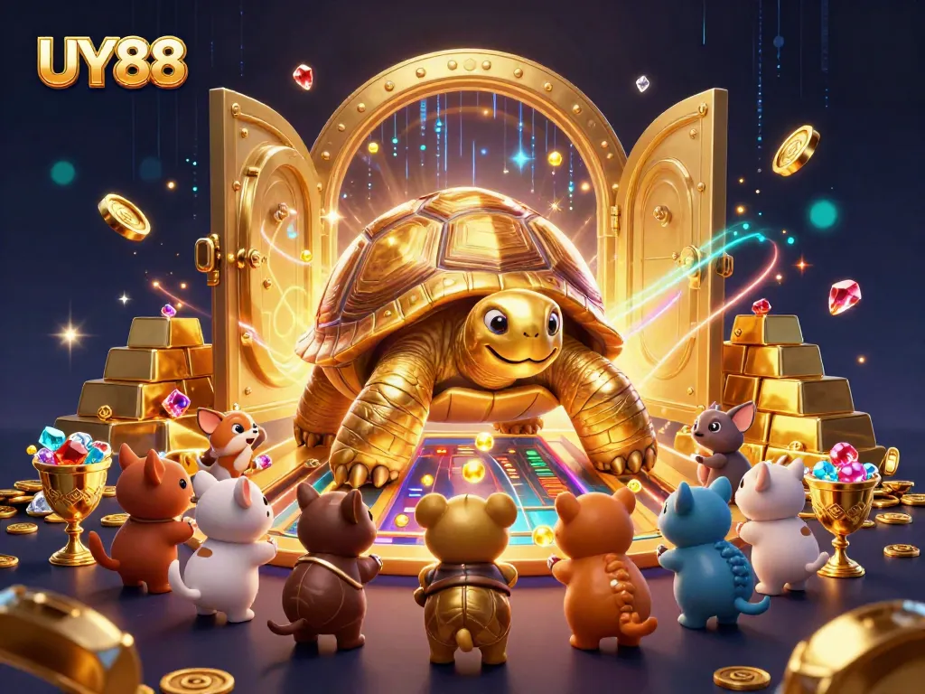 Experience UY88 excitement with a vibrant illustration of a golden tortoise pinball machine amid treasure