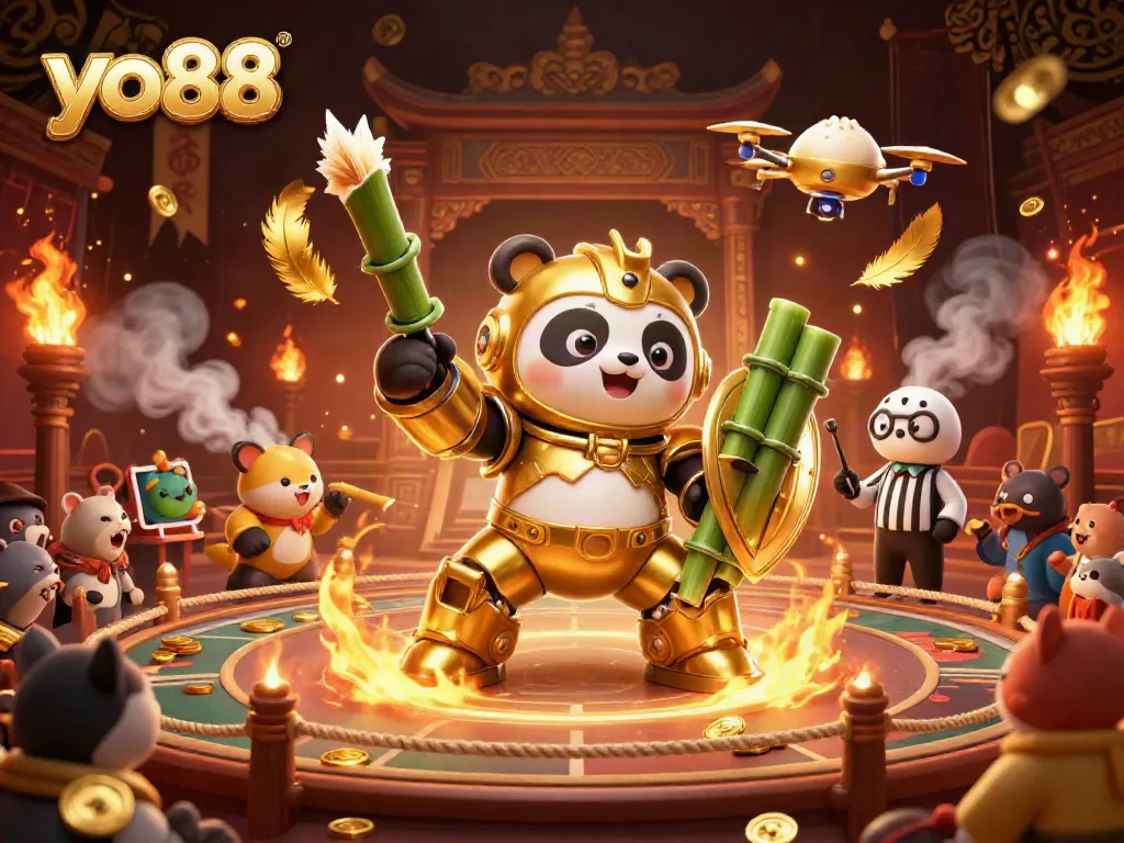 Experience thrilling yo88 gameplay in an ultra-detailed arena with a mech-suit panda and dynamic elements.