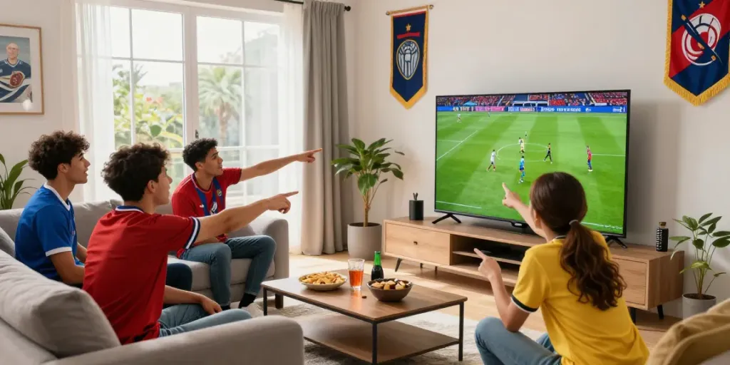 Friends enjoying a live football match at https://gavangtv.life/ in a vibrant living room.