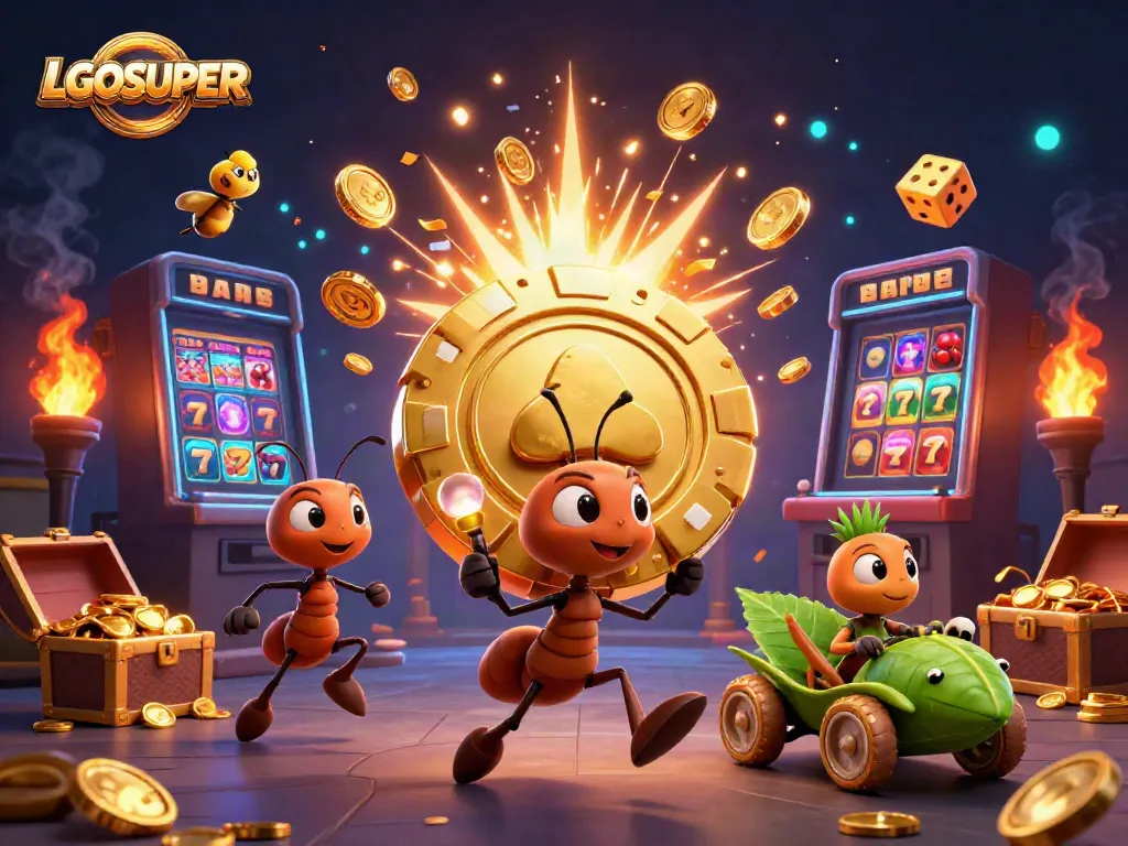 Experience a vibrant heist scene in LGOSUPER featuring ants, a grasshopper, and exciting casino elements.